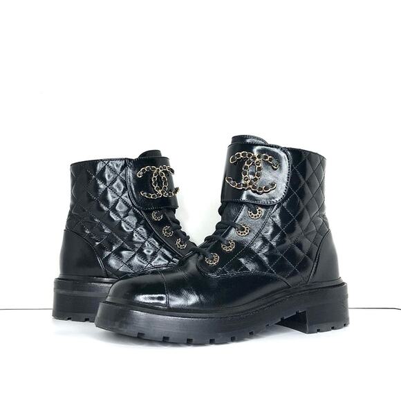 Chanel Brave Shiny Calfskin Quilted CC Chain Cap Toe Platform Short Boots 37 - Picture 3 of 11